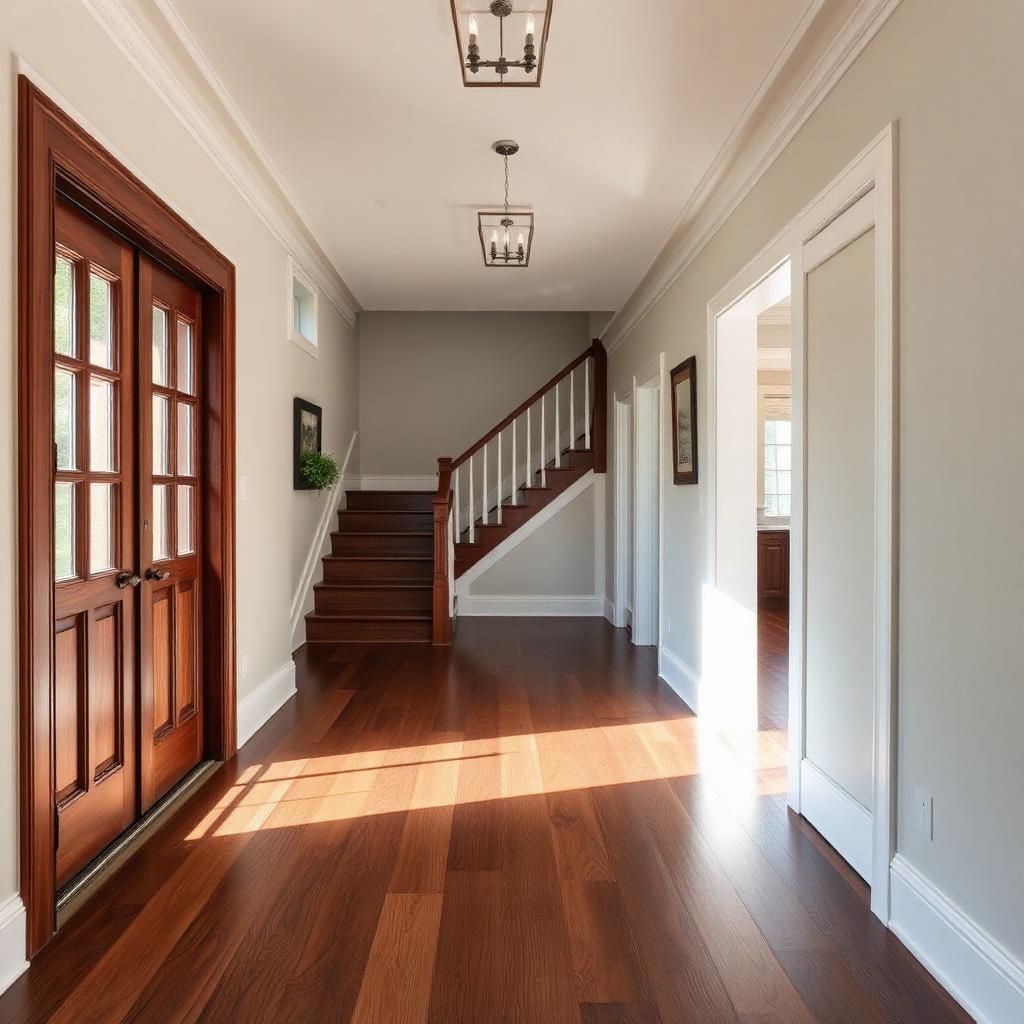 Rich walnut hardwood hallway and staircase with white trim