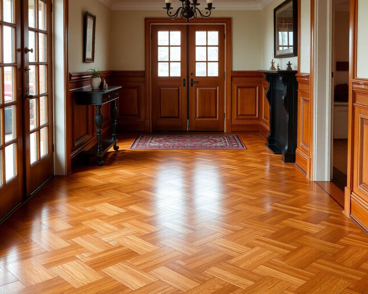 Restored herringbone hardwood floor in a classic entryway